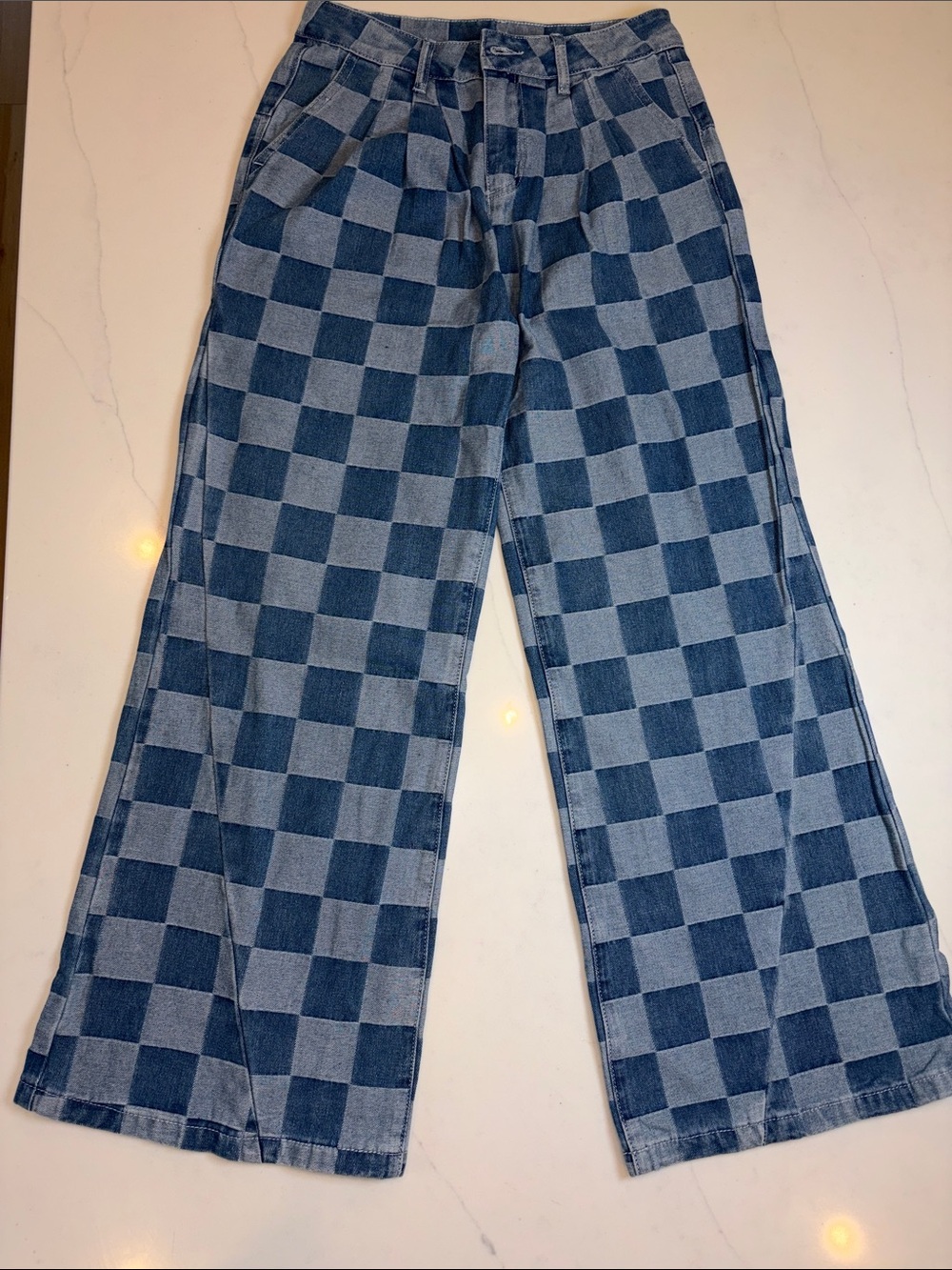 Checkerboard Wide-Leg Denim Pants